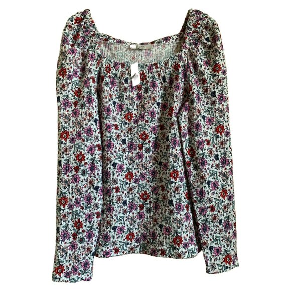 NWT LOFT Womens' Floral & Ladybug Print Bloom Smocked Square Neck Top Sz L - Picture 4 of 9